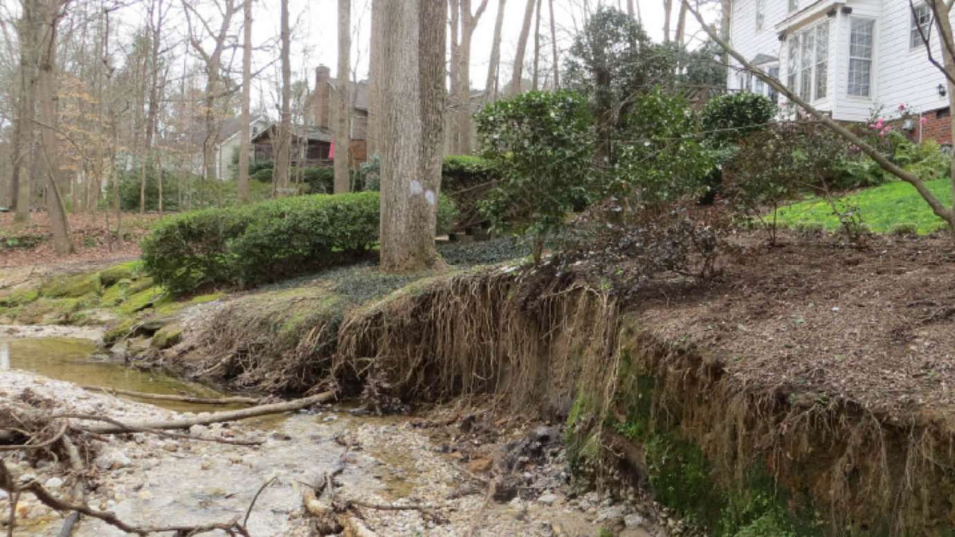An eroded stream on Petworth Court in Raleigh.
