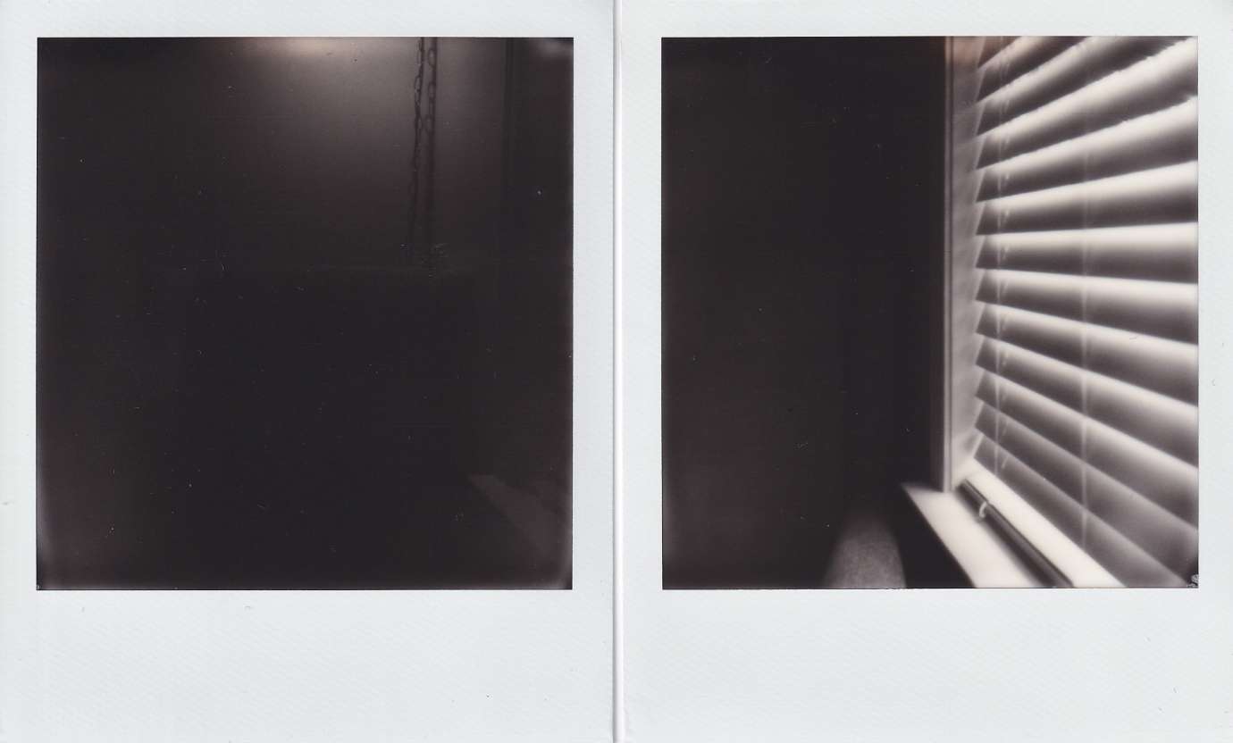 Polaroid photography by I'Nasah Crockett, two polaroids one of a dark room the other of backlit window blinds