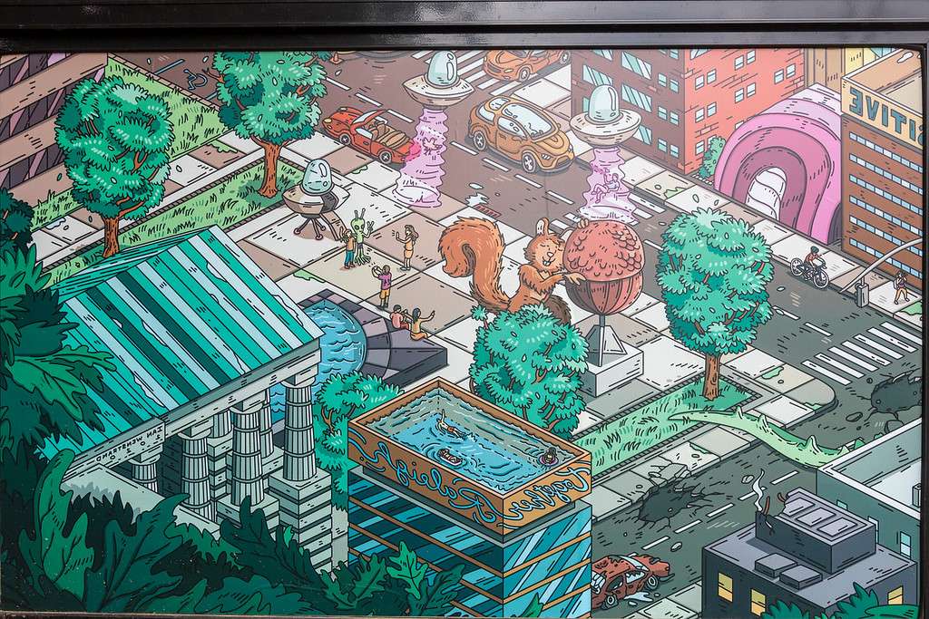 artwork by Ian Wenstrand covering the windows of a bus shelter
