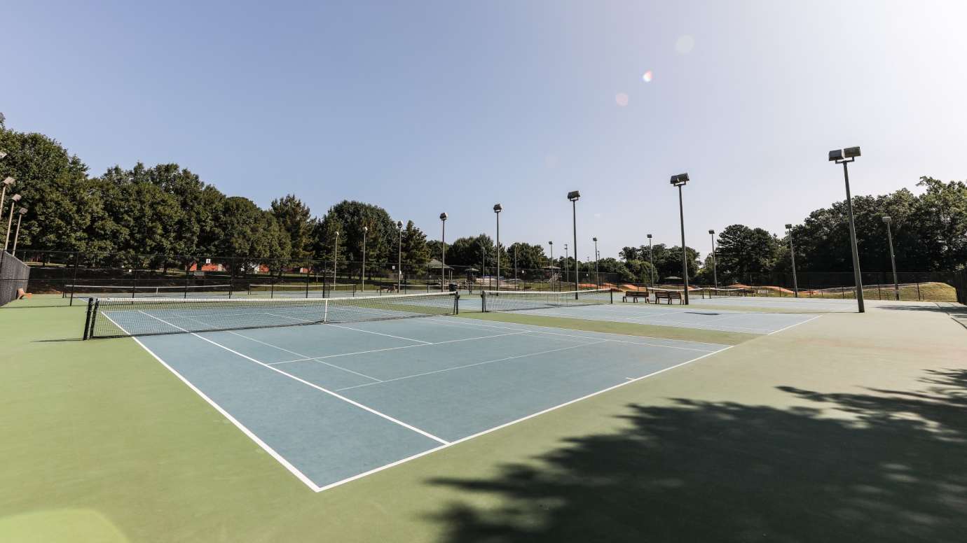 A shot of the eight outdoor tennis courts at Lions Park