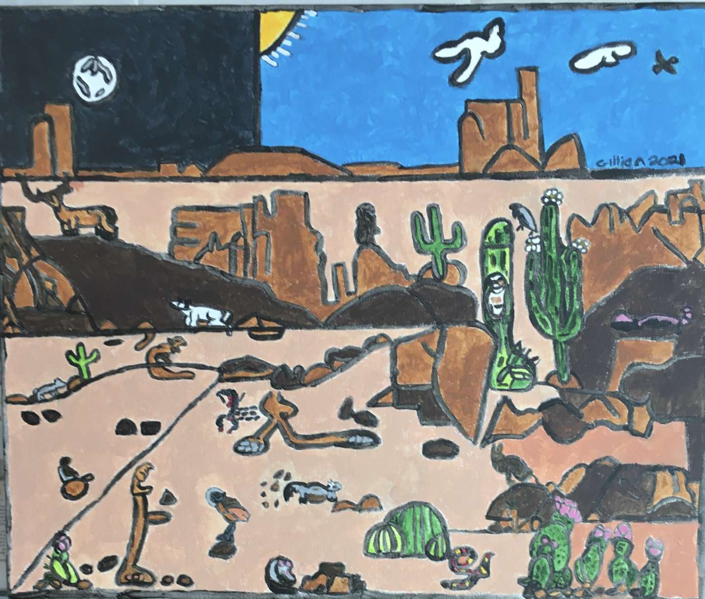 Desert scene with many little plants, cacti, animals, rocks, and people. Part of the sky is black with a moon and part is blue with a sun and cloud.s