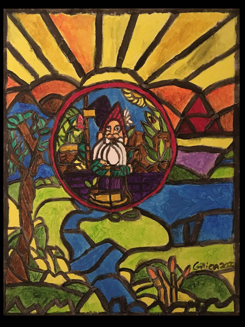 A stained glass window surrounds a window to a gnome in its workshop. It is surrounded by a vine wrapped tree a small lake with a stream and some flowers during sunrise.