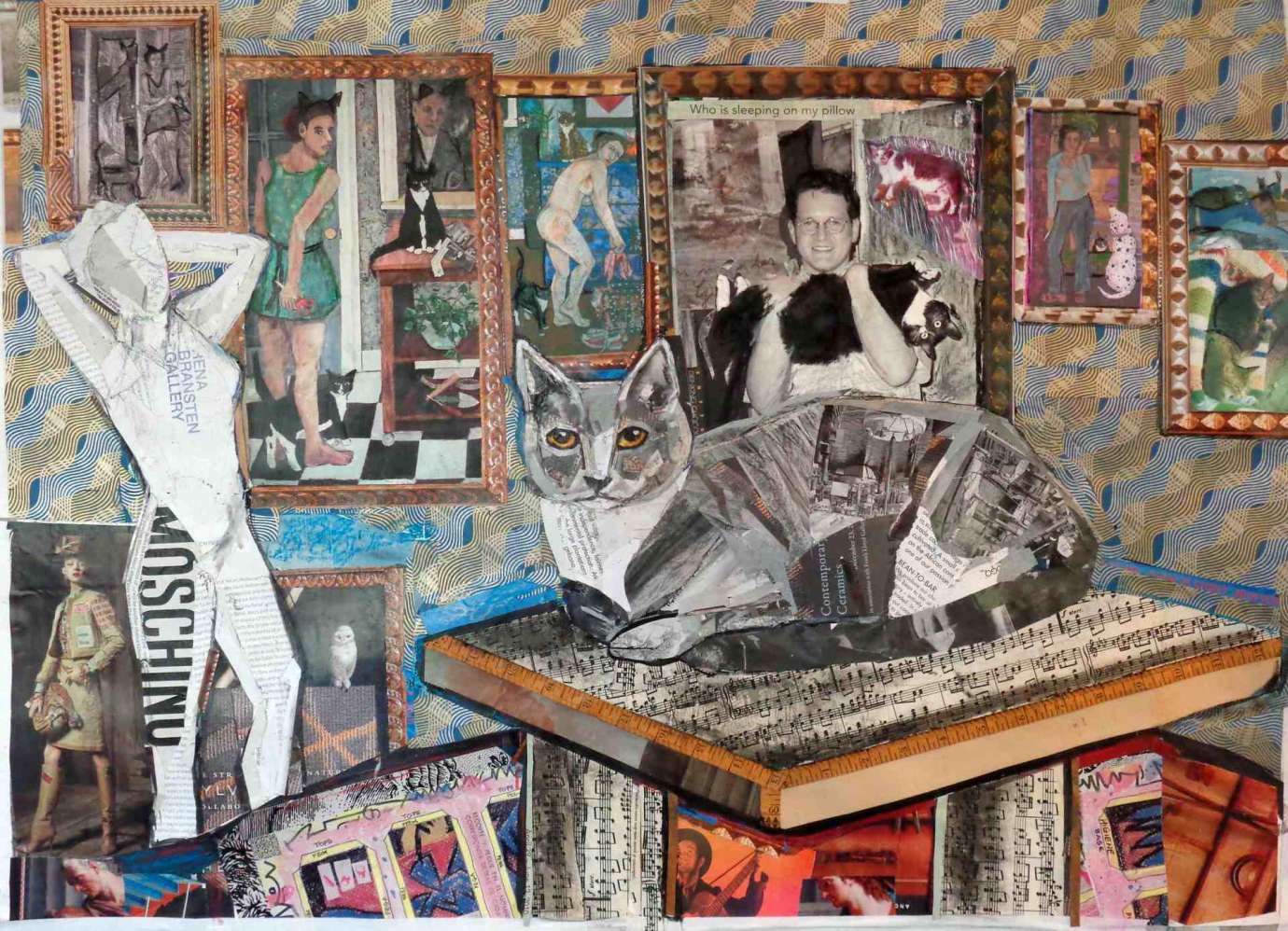 Famous paintings of figures in frames hang on a wall behind an all white figure posing, a person holding a cat, and a cat sitting on a table