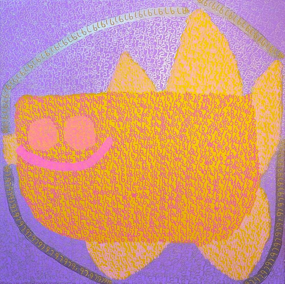 Smiling boxy fish with 5 fins in a silver circle. Many tiny "67"s written over whole canvas.