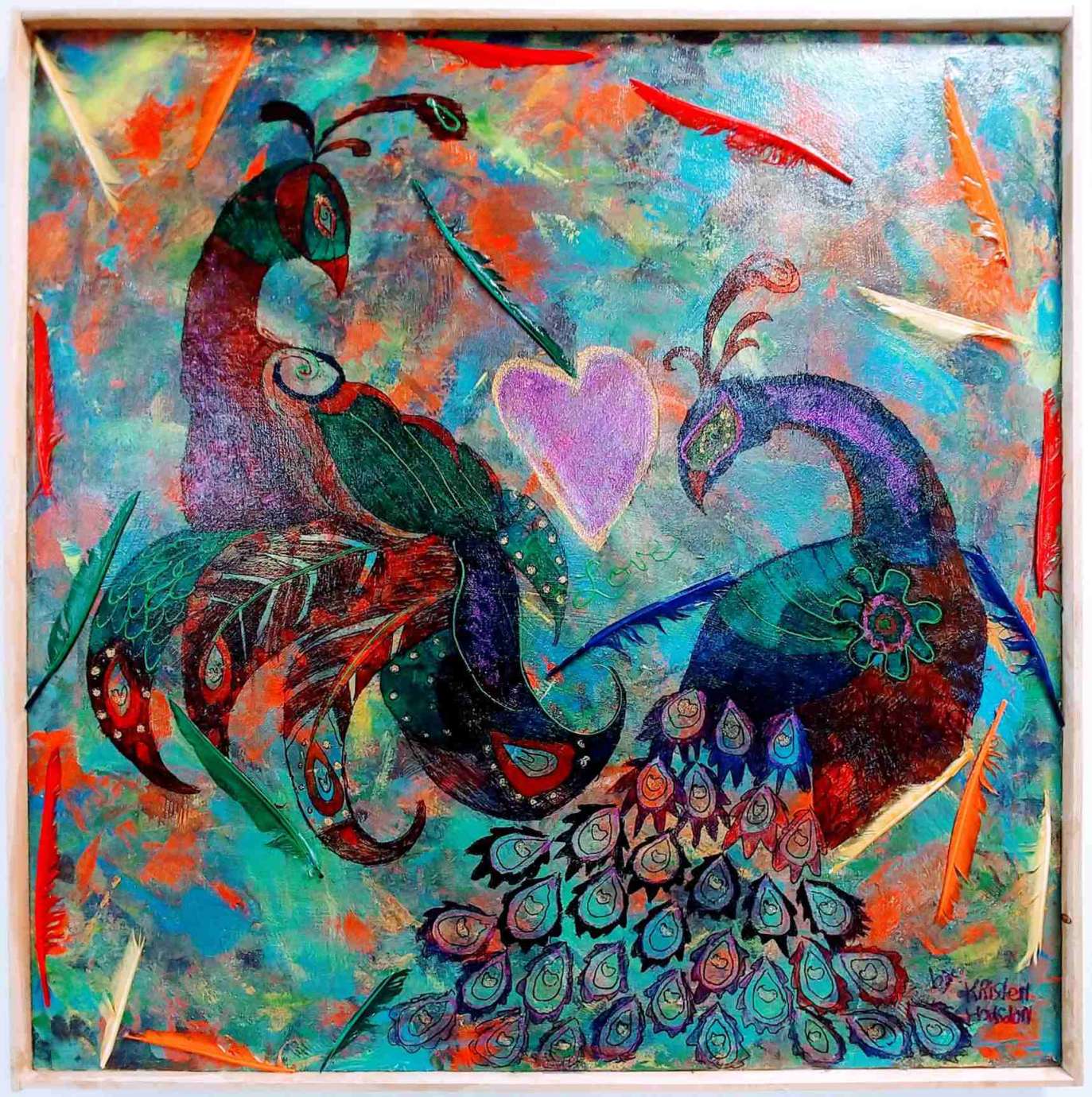 2 shimmering peacocks on either side of a pink heart