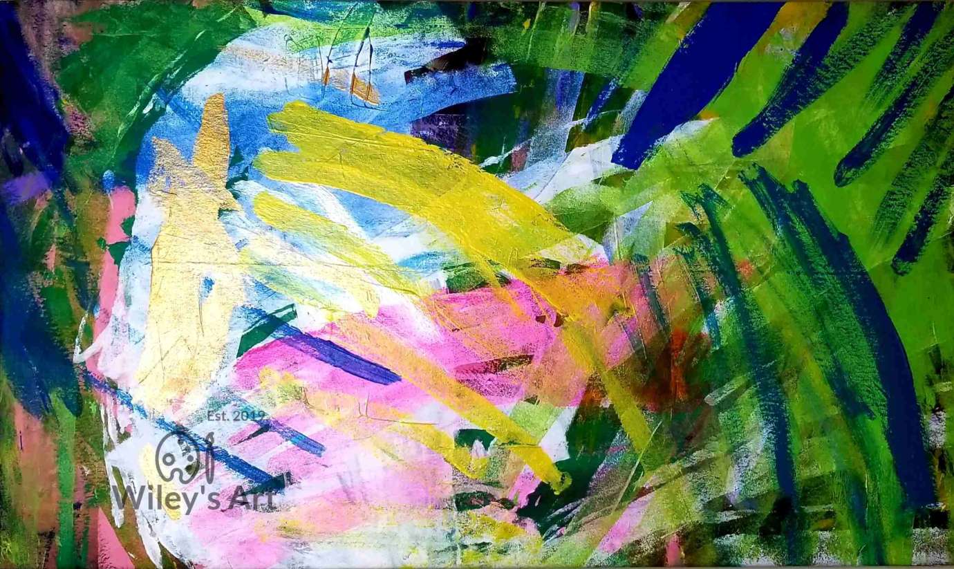 Brush strokes in green, blue, yellow, and pink criss-cross each other.