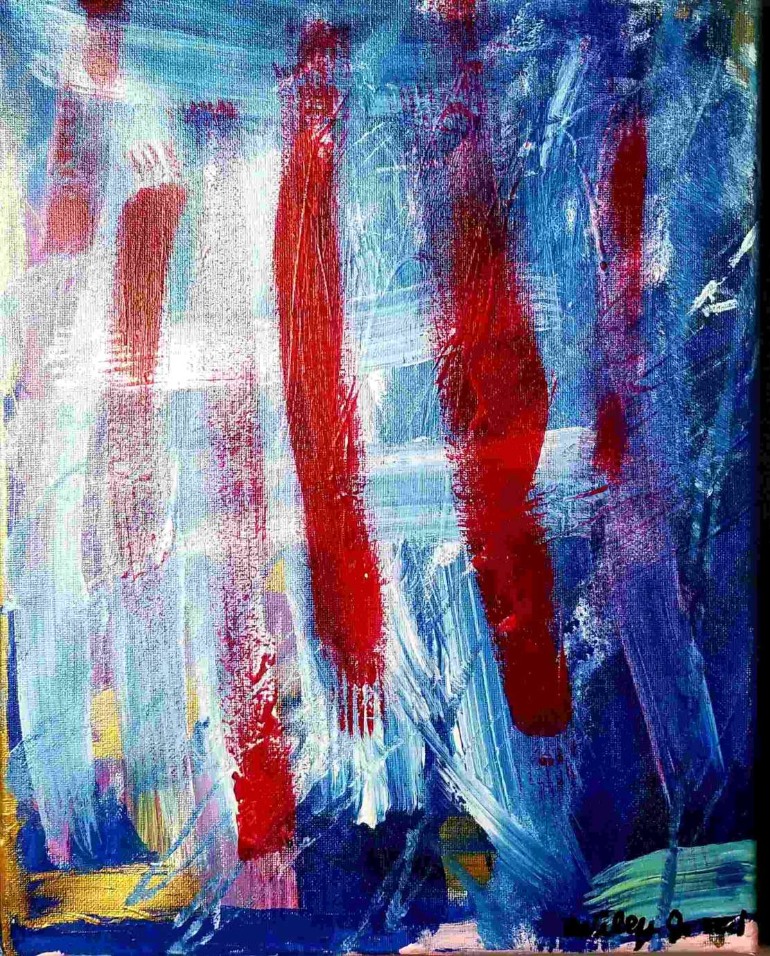 Brush strokes mostly up and down in blue, white, and red