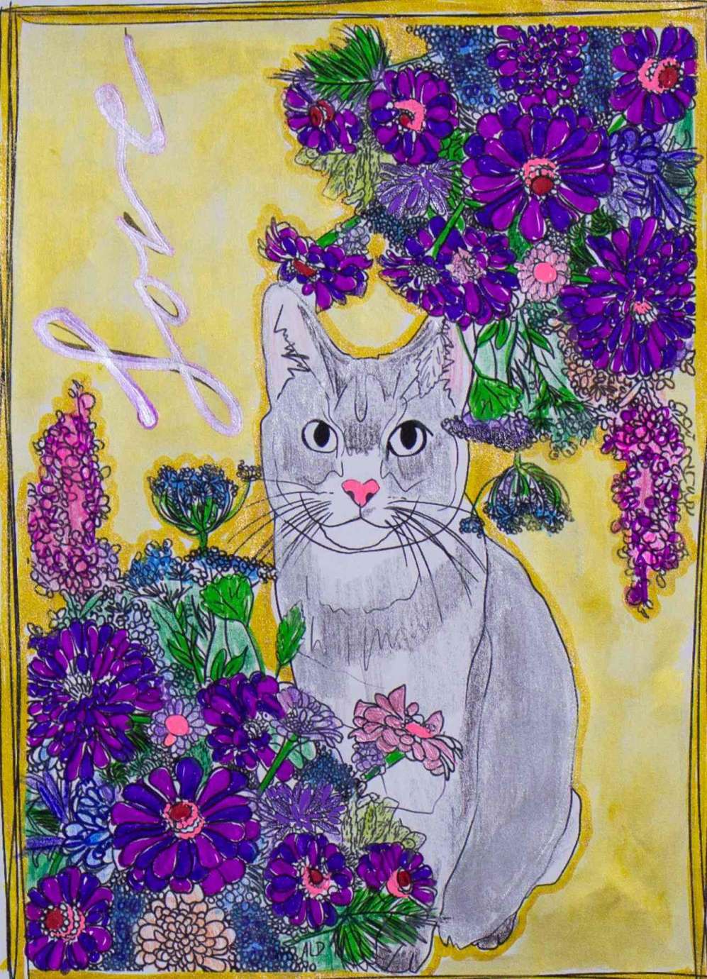 a gray cat sits between two purple flower bouquets 