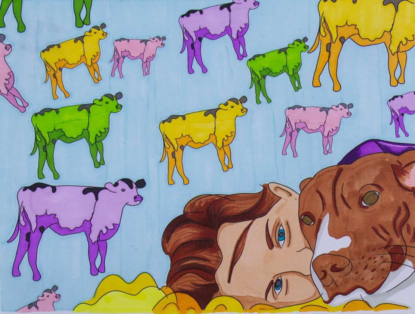 a colorful drawing of a woman and a dog laying on their sides in the foreground with different colored cows in the background