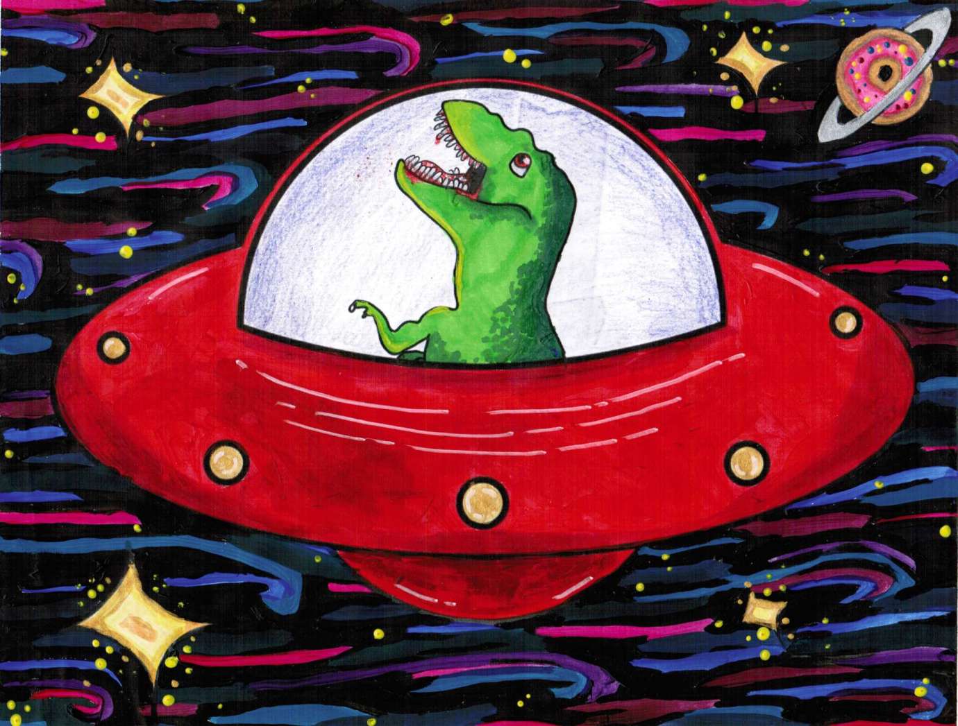 a t-rex drives a UFO through space
