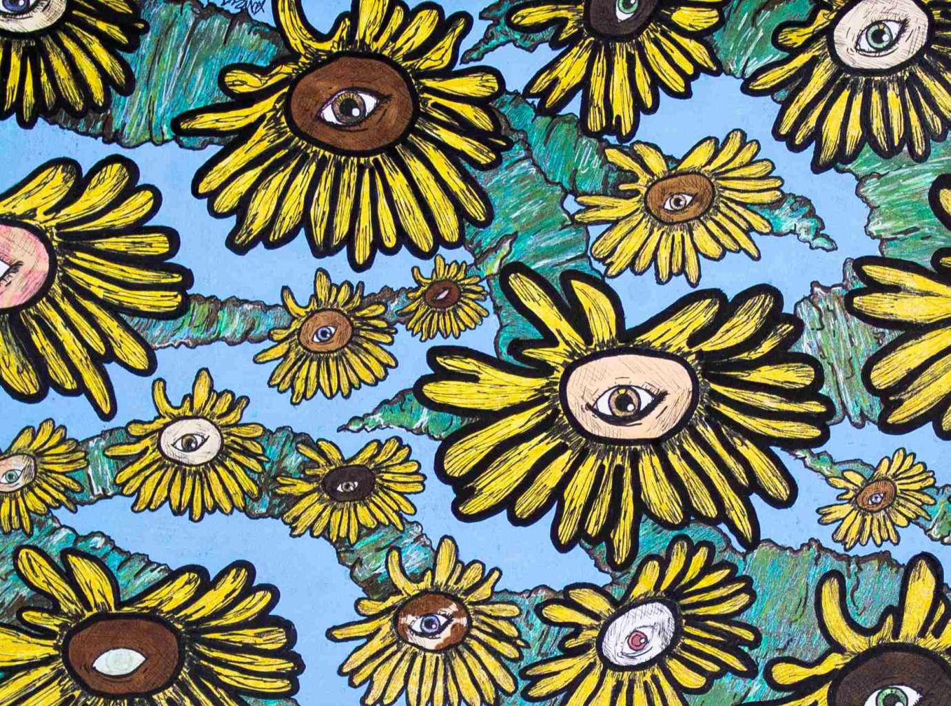 sunflowers on a blue background, in the center of the sunflower is a different colored human eye