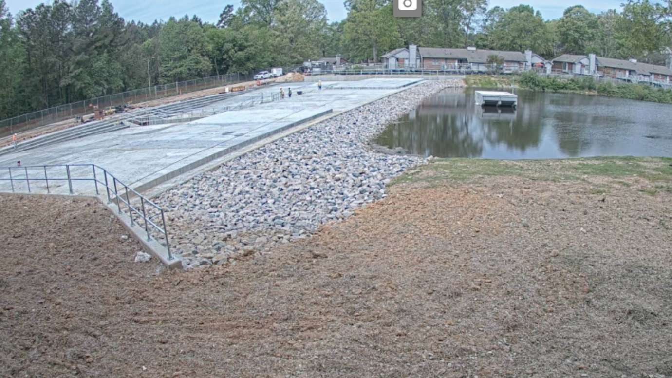 A view of the new concrete structure on a lake on Brockton Drive