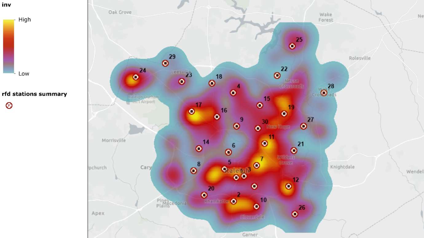 Heat map of Fire Incidents in Raleigh showing more incidents in downtown core areas