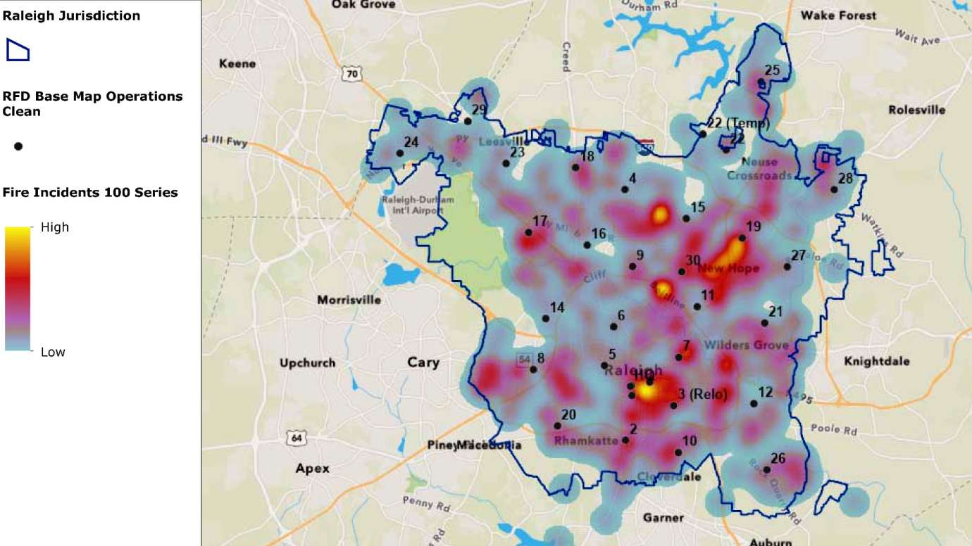 Heat maps showing higher incidents rates in downtown core, northeast and southeast Raleigh