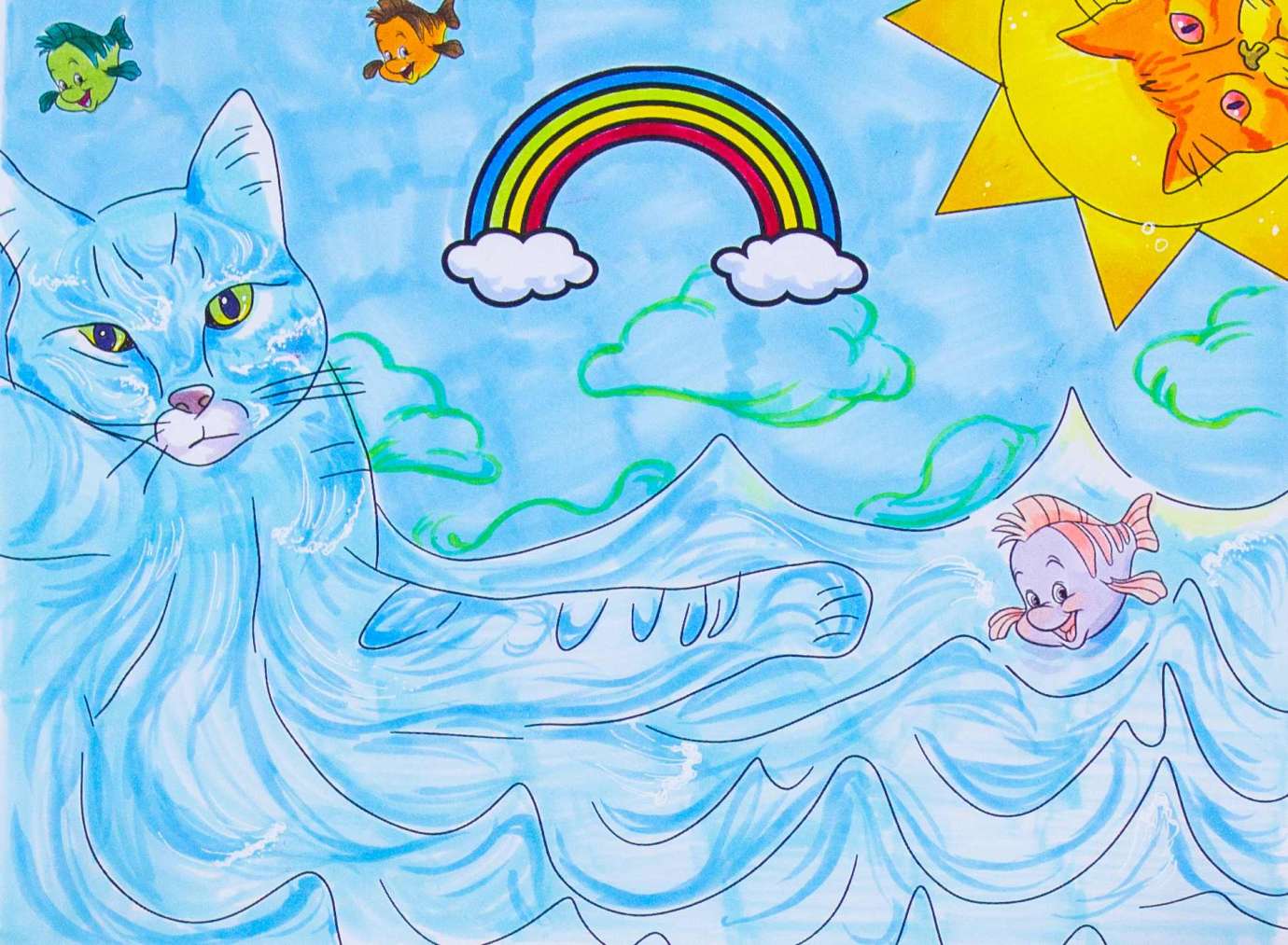 drawing of a rainbow stretching over an ocean filled with cats and flounder from The Little Mermaid. Looking over the ocean is a sun with a cat's face in it.