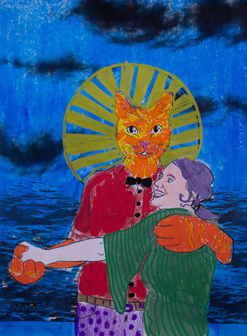 Drawing of an orange cat dressed in a red suit dancing with a woman with brown hair and a green shirt