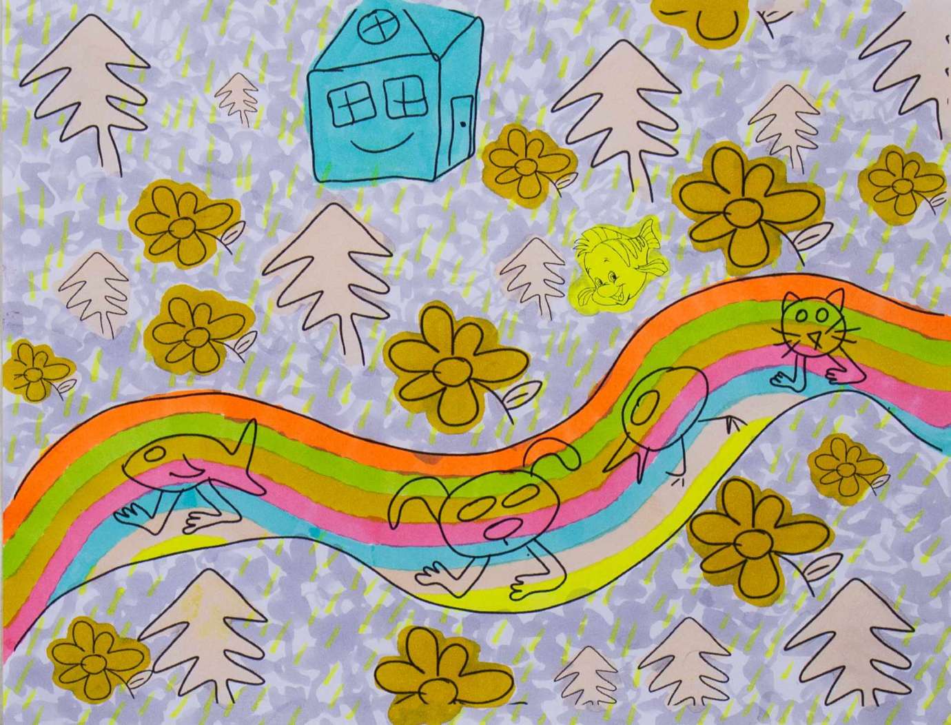 drawing of a blue house on a purple background with outlines of trees and yellow flowers