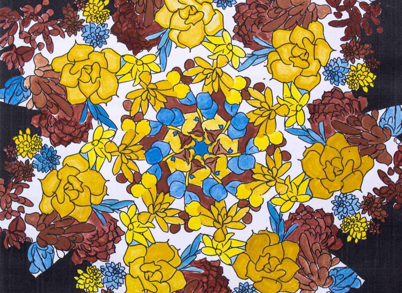 drawing of circular patter of burgundy, blue, and yellow flowers on a white and black background