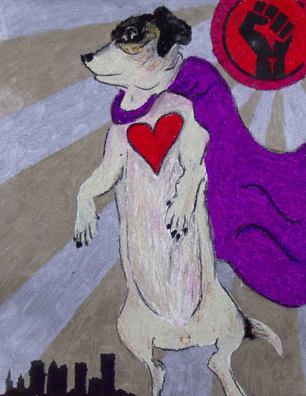 Drawing of a dog with a heart on his chest wearing a purple cape, a Black power fist sits in the top right corner