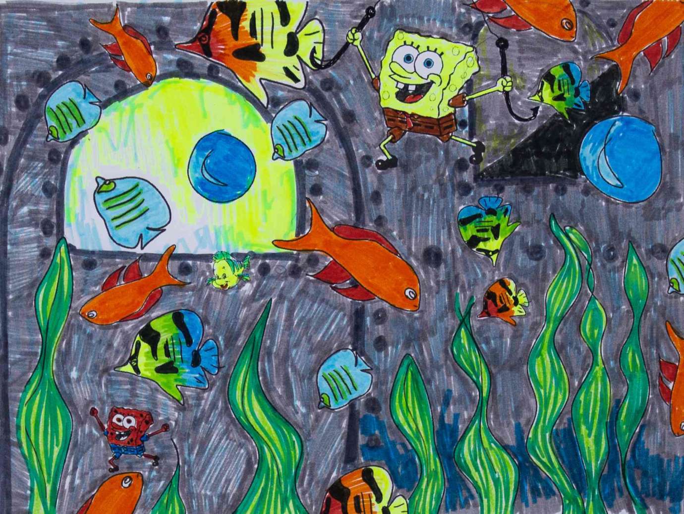 drawing of an underwater scene with red fish, jelly fish, and Spongebob Squarepants