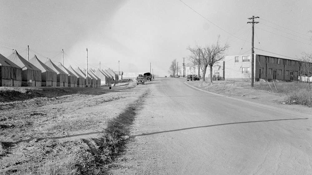 Historic image of road outside of temporary World War II Camp at John Chavis Park