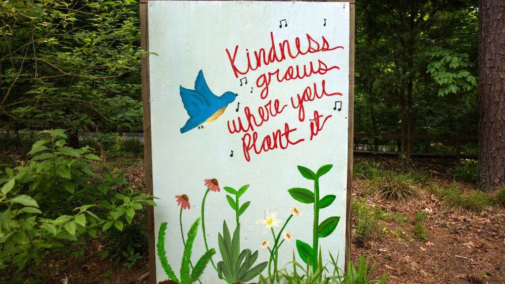 Sign painted with "Kindness grows where you plant it" with flowers and bird