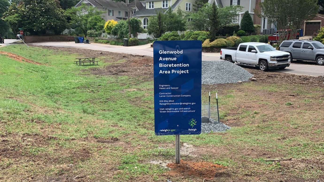 A project sign for the bioretention area that's under construction on Glenwood Ave.