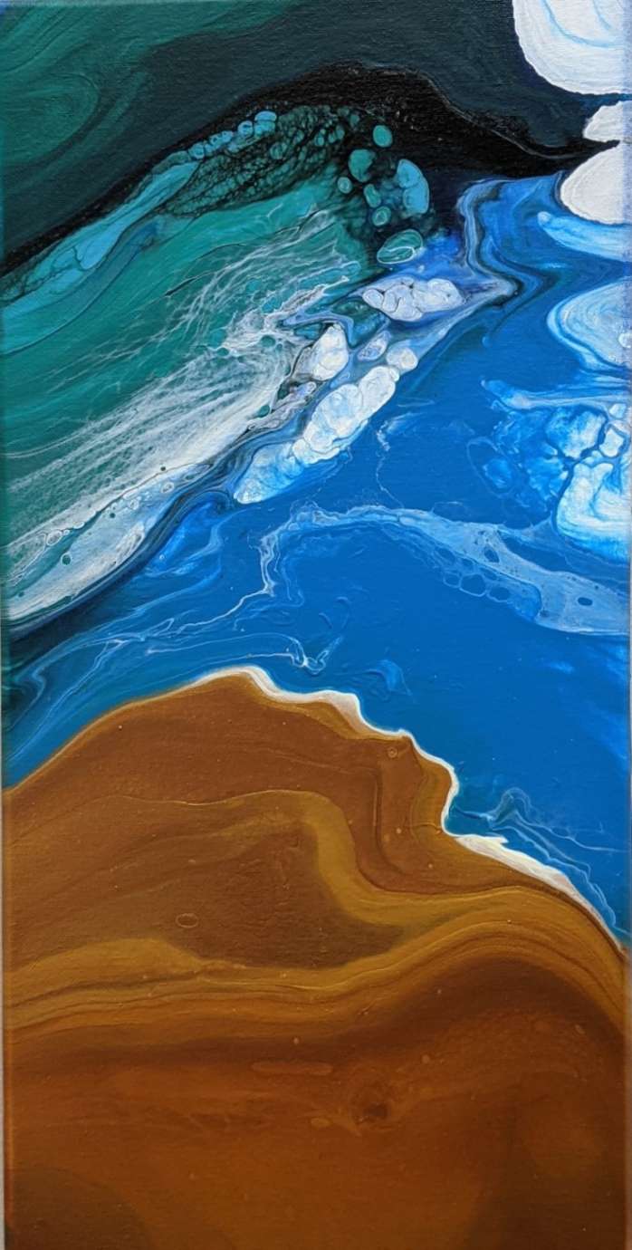 An abstract painting with blues, teals, orange and black