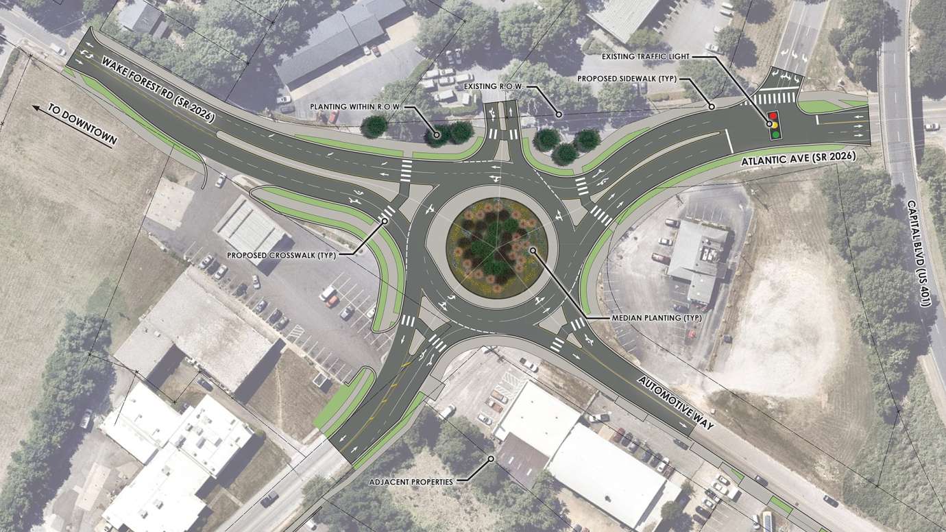 A rendering of what the roundabout at Wake Forest Road, Automotive Drive and Brookside Drive could look like. 