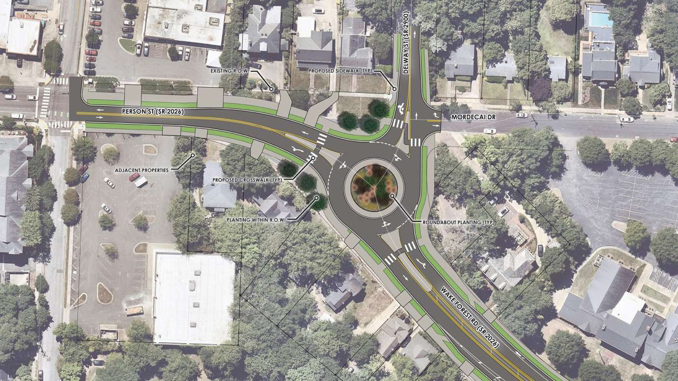 A rendering of what the roundabout at Delway and Wake Forest Road could look like. 