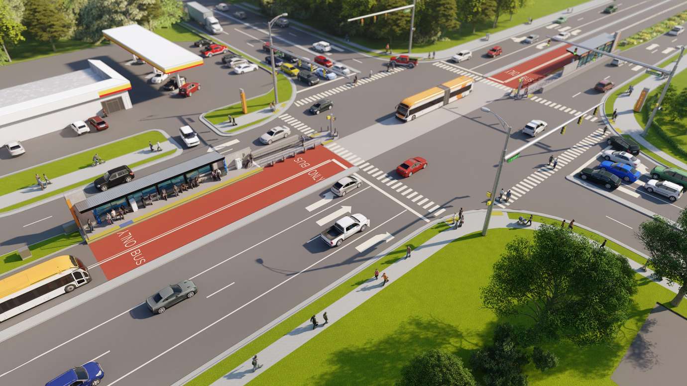 Showing what the BRT station design that is located in an island will look like. This one is a rendering of the Raleigh Blvd intersection of New Bern Ave.