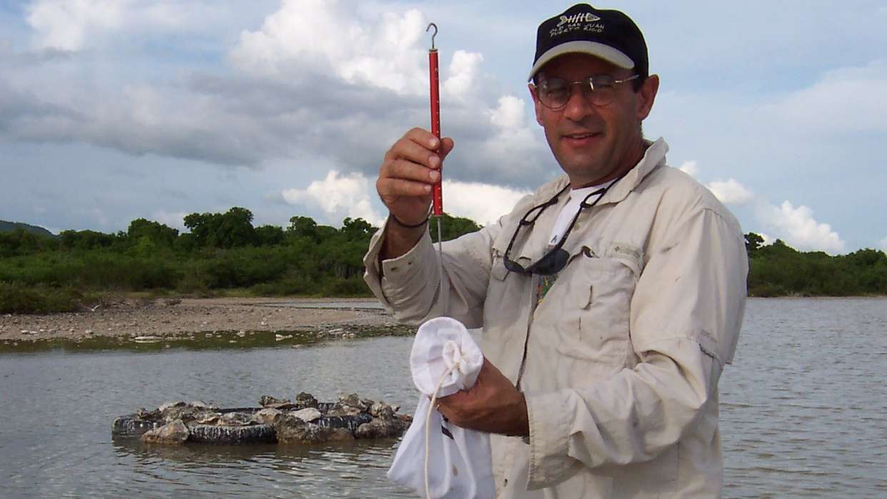 Man in marsh holding up something while doing outdoor research