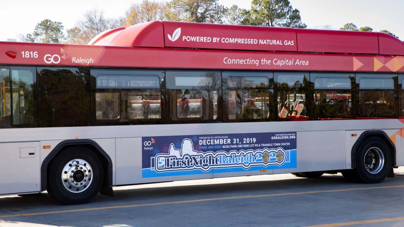 GoRaleigh bus with ad for First Night Raleigh - New Year Event