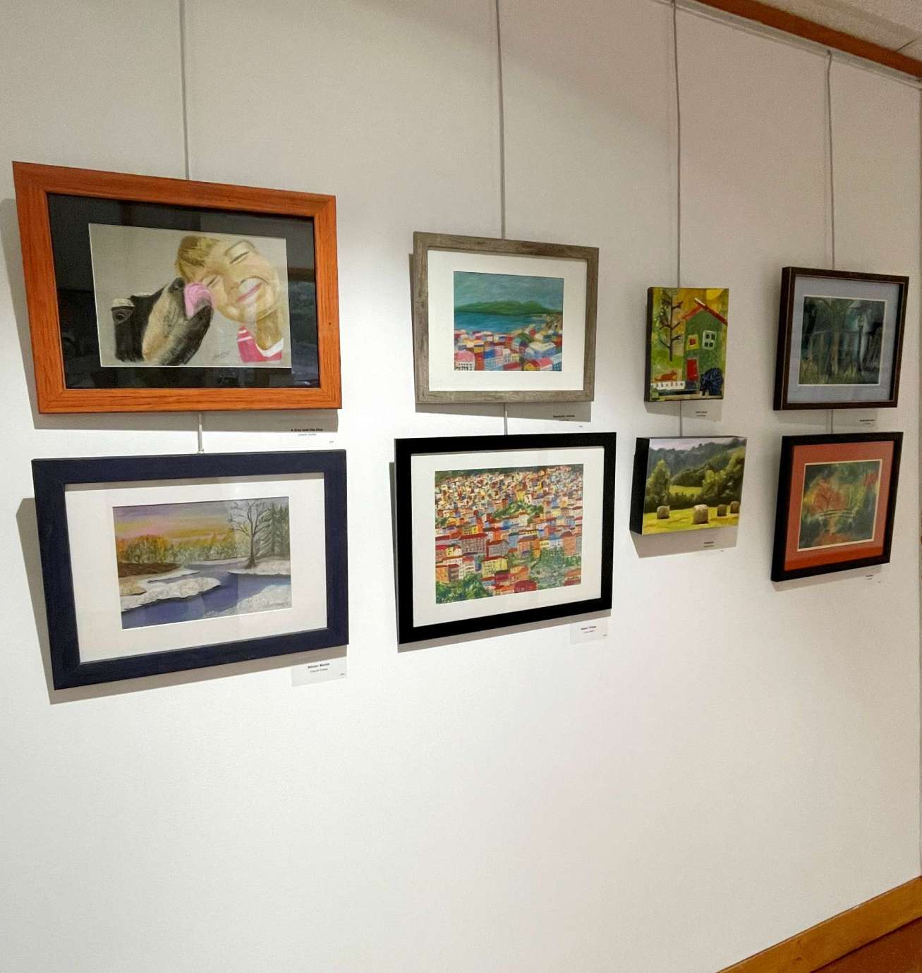 Eight framed artworks varying in medium and subject hang on a gallery wall