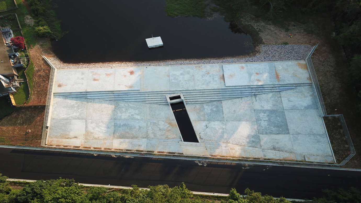 An aerial view of the new spillway and dam at Brockton Drive Lake