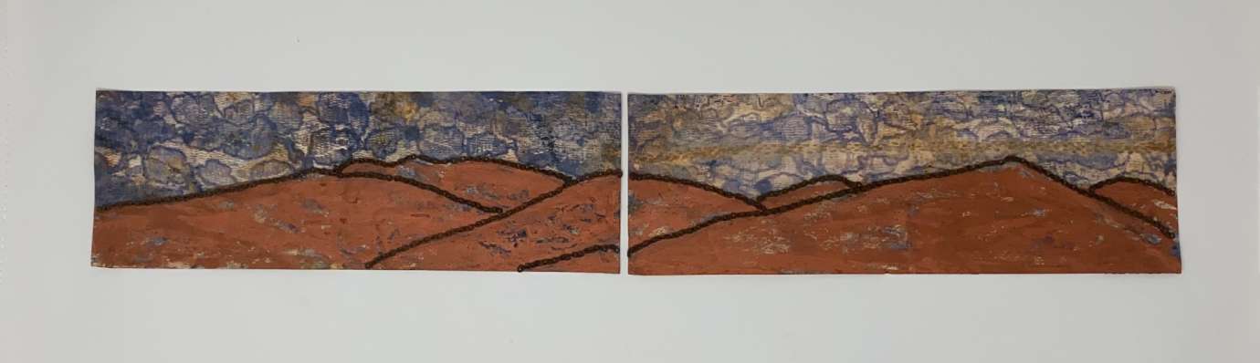 A two panel mixed media work that resembles the horizon of a landscape
