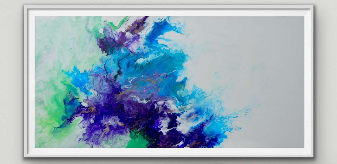 A painting with swirled strokes of purple, blue and teal paint, resin, and fairy dust by artist Kai Des Etages