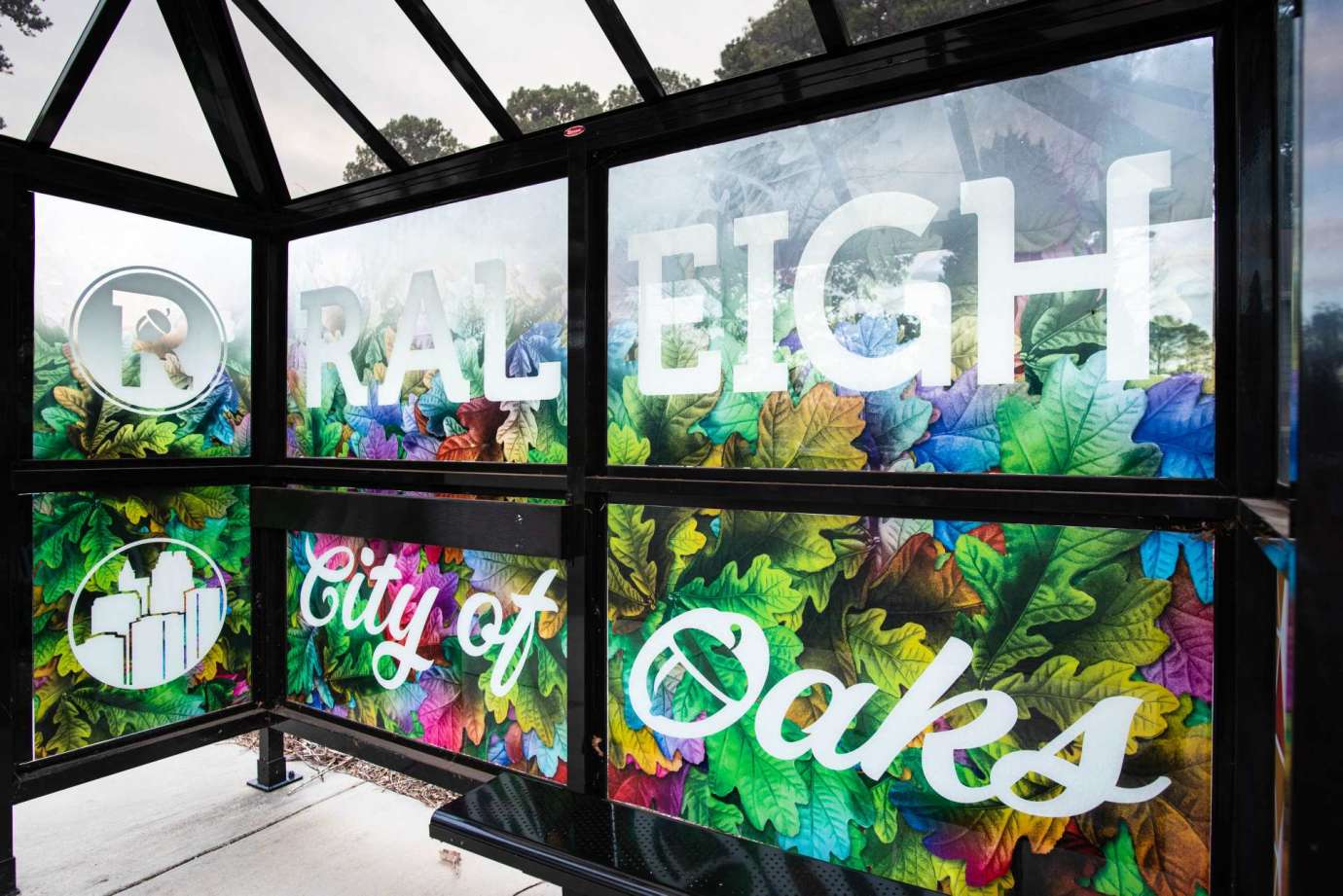 Artwork wrapped on bus shelter windows titled All Colors Welcome by  David Johnson located at  Kent Road at Warwick Drive