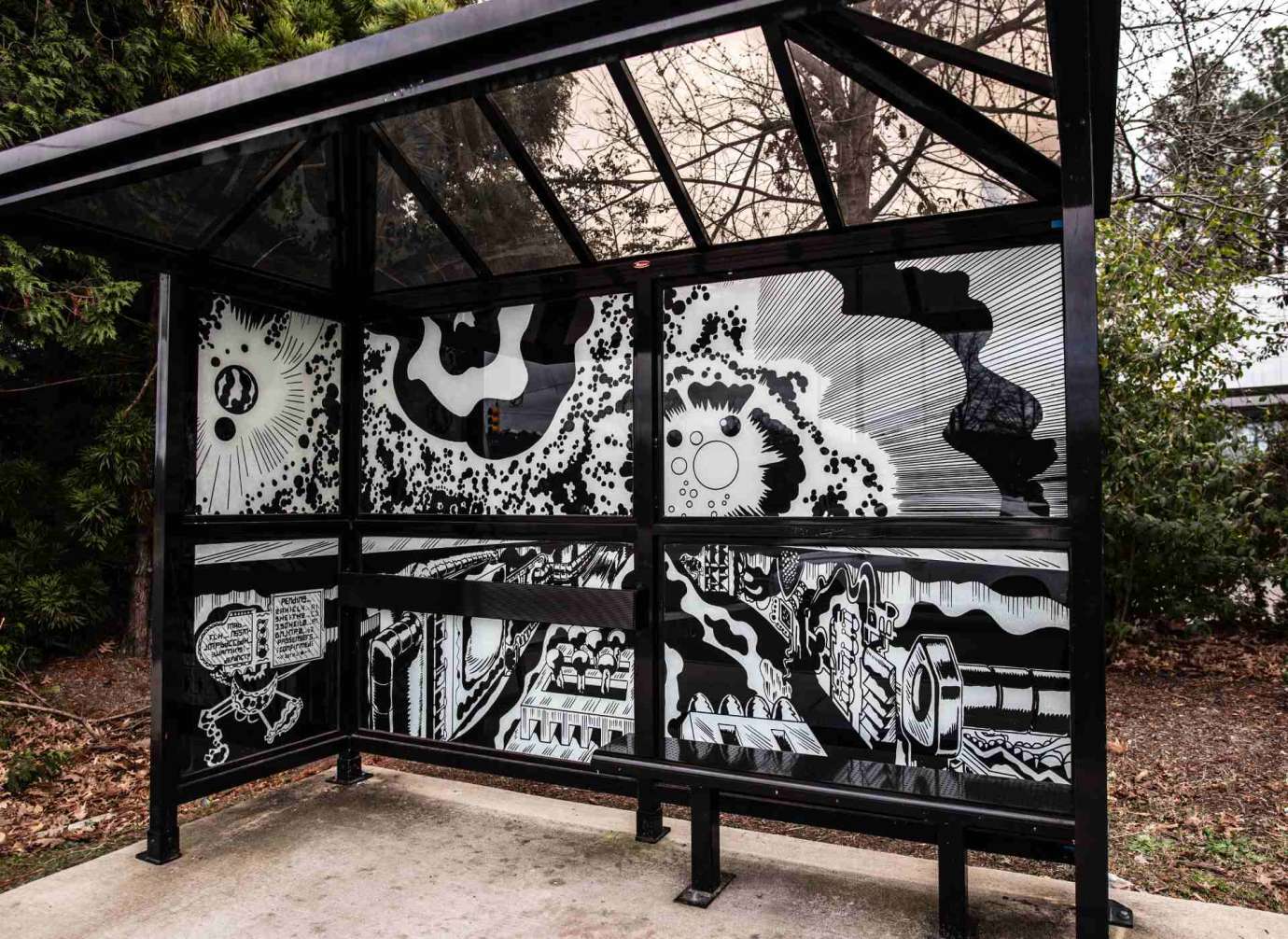 Artwork wrapped on bus shelter windows titled everyBody needs spAACe by David Moses Located at Barwell Road at Neals Creek