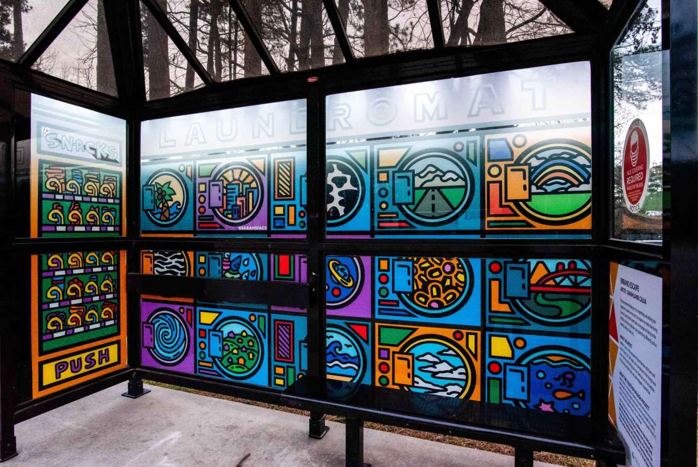 Artwork wrapped on bus shelter windows titled Errand Escape by Saralaine Calva located at Jones Franklin Rd at Buck Jones