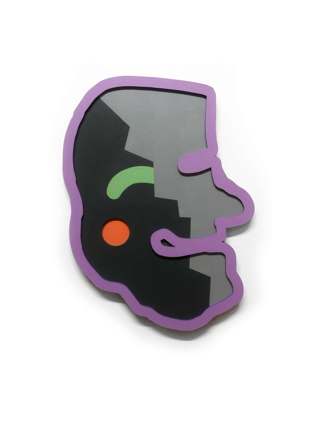 A 3D piece resembling the side of a face with purple outline and red, green, black, and gray details by Jerstin Crosby