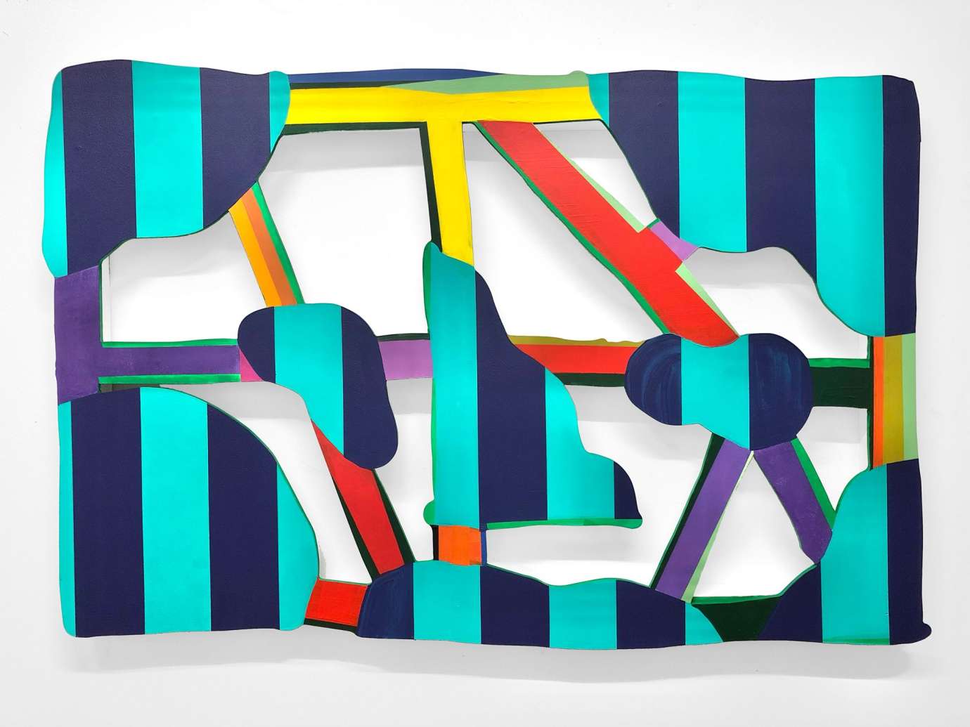 A sculptural piece by Jerstin Crosby using colorful organic and geometric shapes and lines