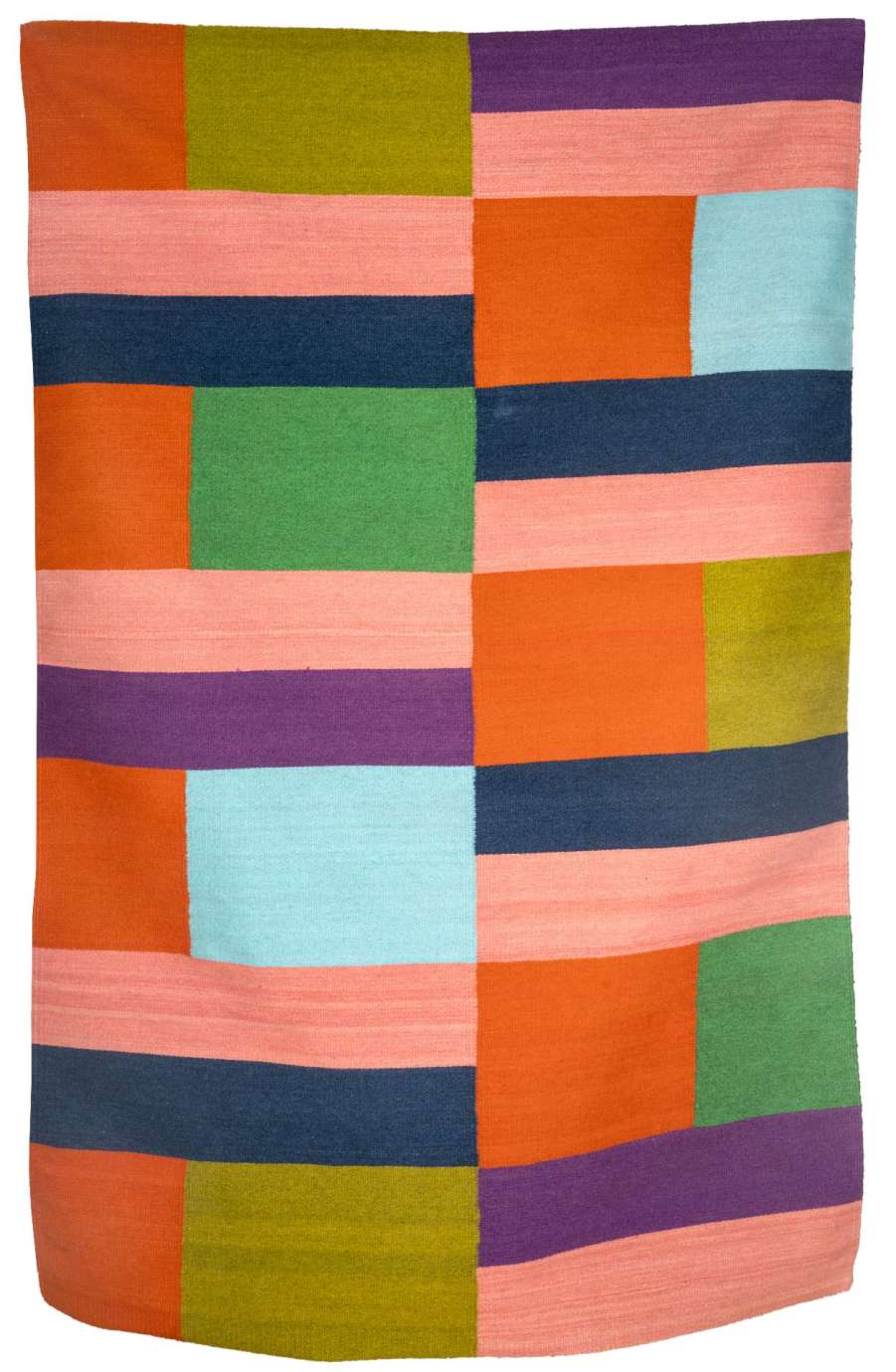 A colorful textile made of different colored rectangles and square shapes by Martha Clippinger