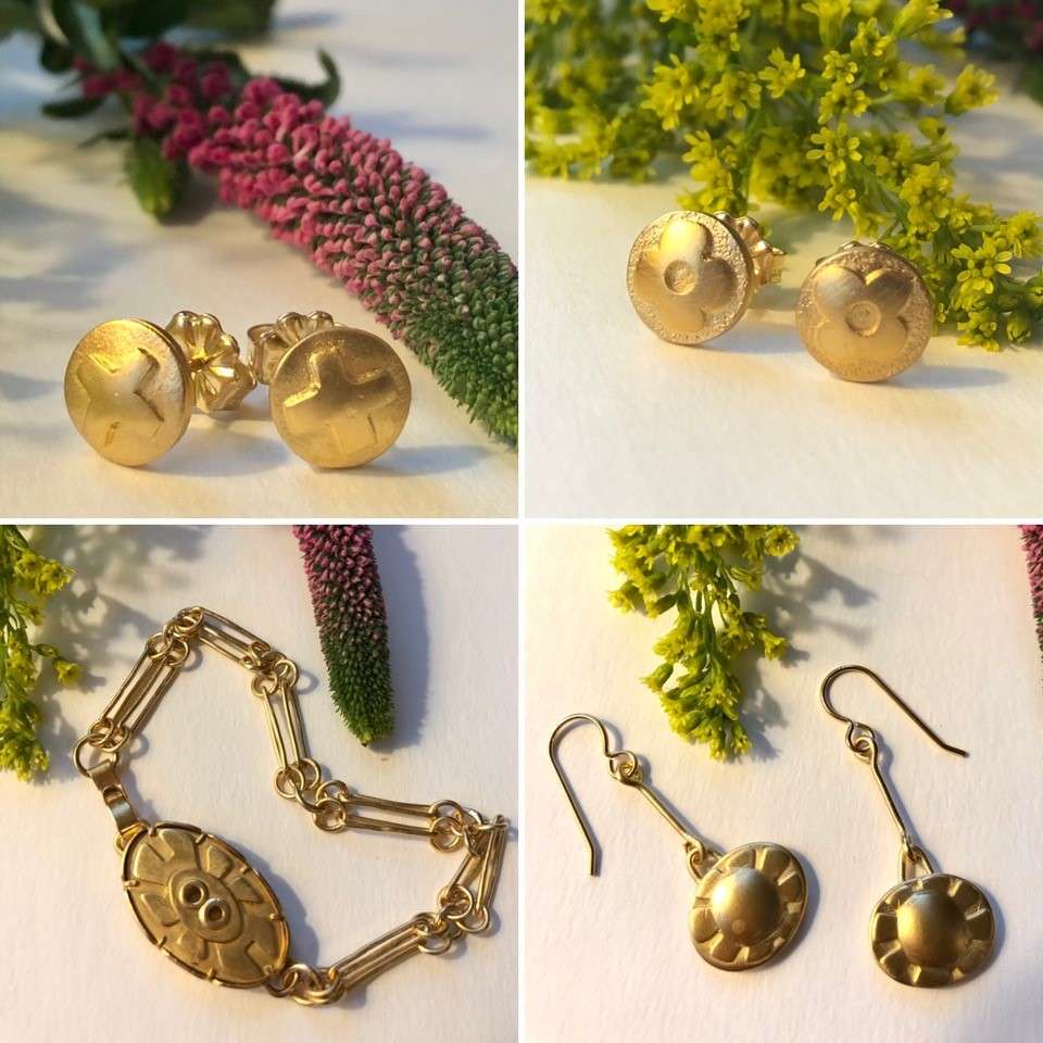 A collage of gold earrings, cufflinks, and a bracelet