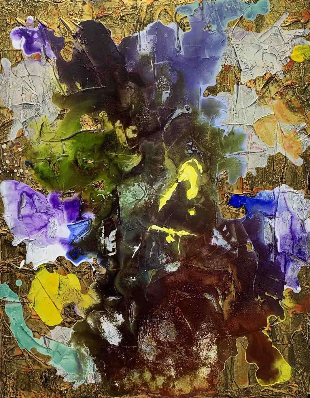An abstract painting by Eduardo Lapentia featuring paint in purple, yellow/gold, browns, and some green