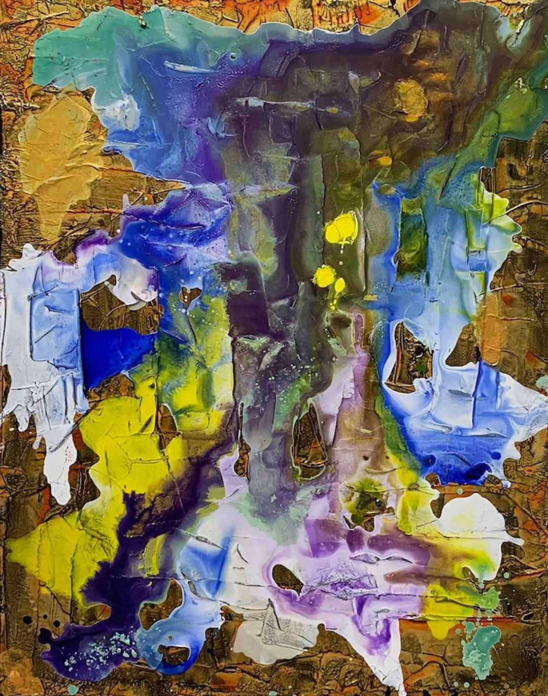 An abstract painting by Eduardo Lapentia featuring paint in purple, yellow/gold, browns, and some green