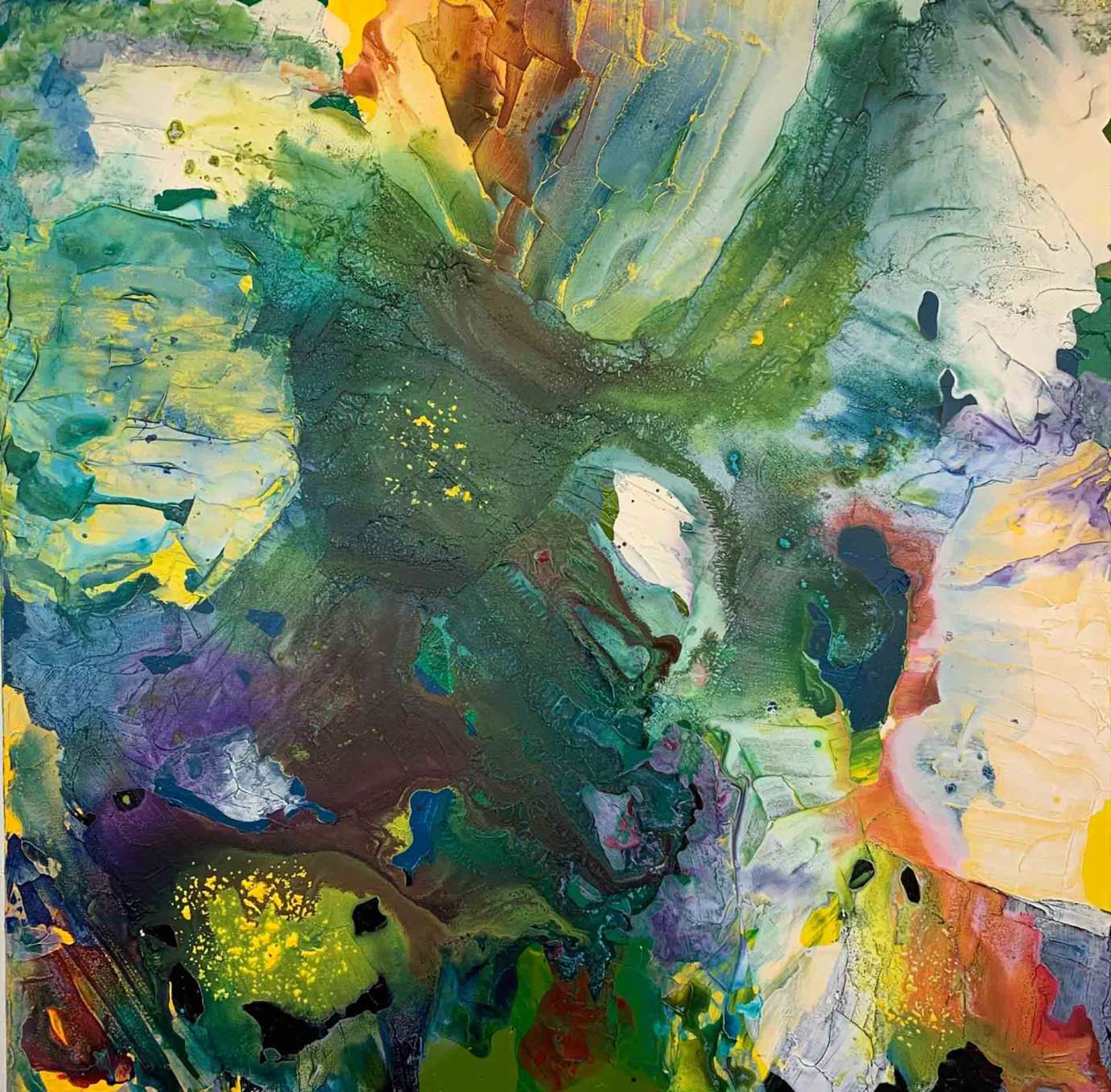 An abstract painting by Eduardo Lapentia featuring paint in green, yellow, orange blue, and off white
