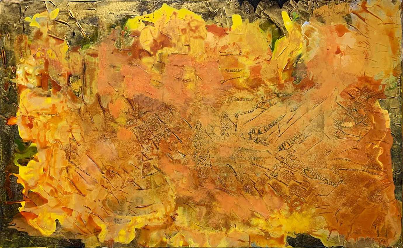 An abstract painting by Eduardo Lapentia featuring paint in gold, yellows, oranges, and dark browns