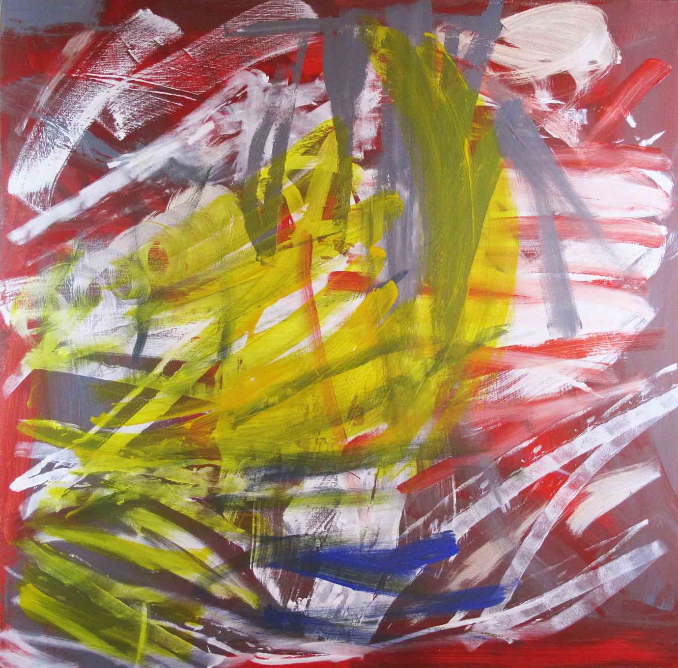 An abstract painting by Wiley Johnson featuring red, yellow, white and purple brush strokes