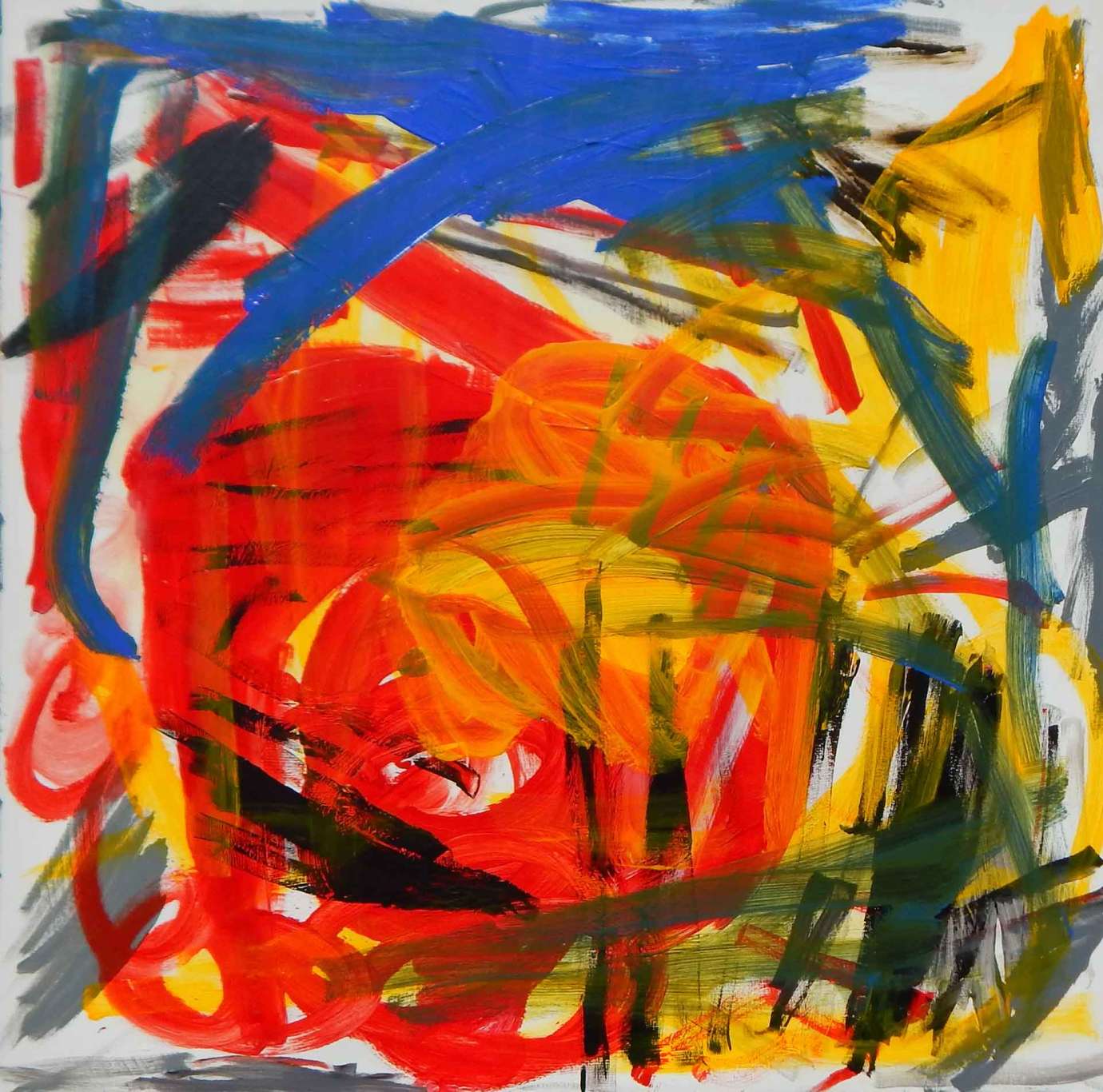 an abstract whirling of brush strokes in black, red, yellow, and blue paint